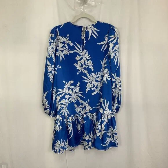 Alexis X Target Blue White Floral Long Sleeves Tiered Satin Mini Dress M - Picture 6 of 13
